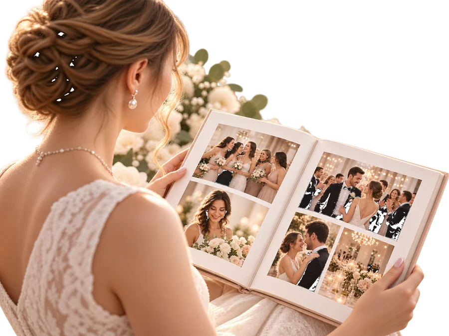 Невеста смотрит фотографии с праздника